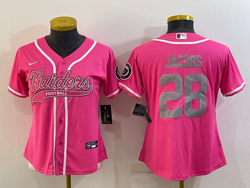 Women's Las Vegas Raiders #28 Josh Jacobs Pink Silver With Patch Cool Base Stitched Baseball Jersey(Run Small)